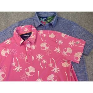 Birdie Bound Mens Golf Polo LOT OF 2 Pink Pineapple Blue Space Dye Size Medium